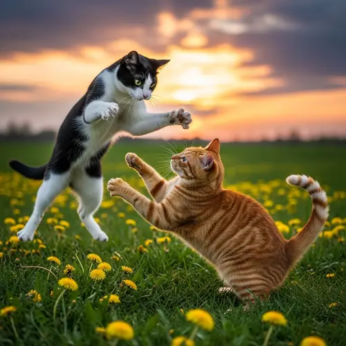 Epic Battle: Tuxedo vs. Ginger Cats in Grassy Field