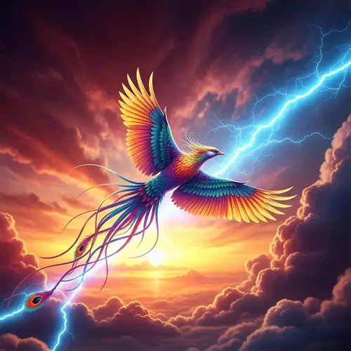 Majestic Phoenix Soaring with Iridescent Feathers in Ethereal Sky