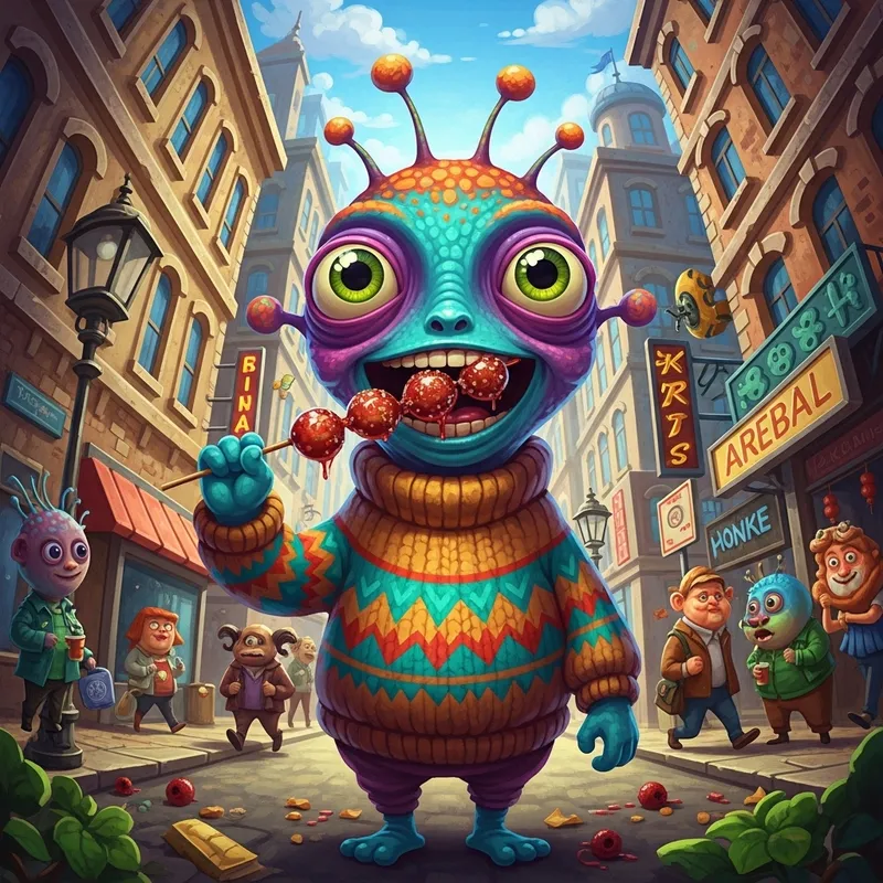 Adorable Alien Enjoying Candied Hawthorns in City Street