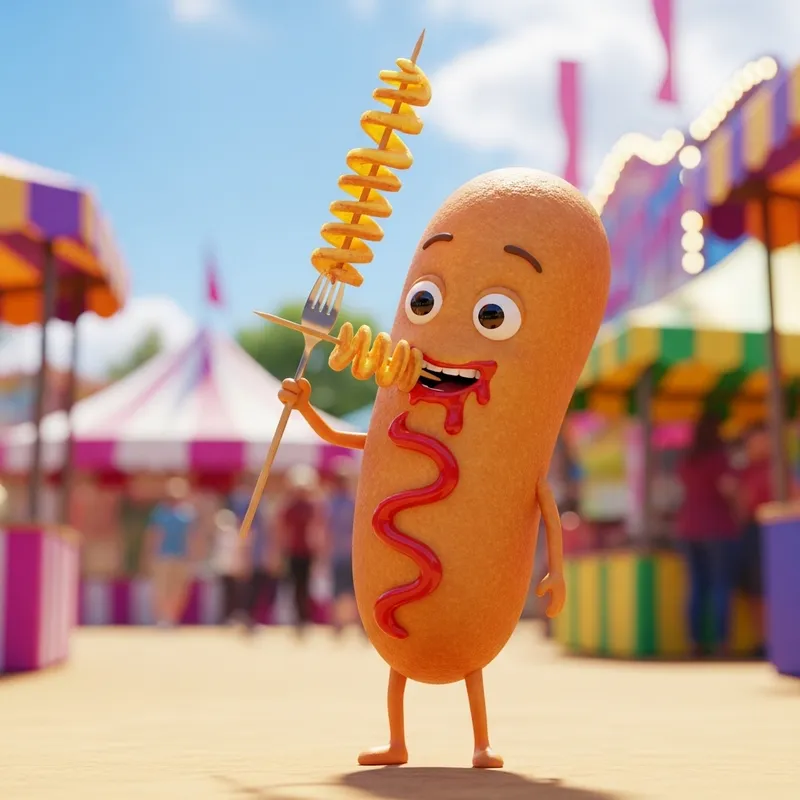 Corndog Character Enjoying Twisted Potato