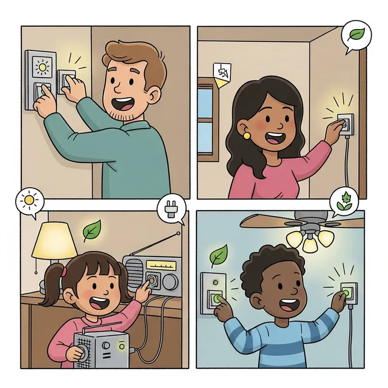 Simple Comic: Family Turning on Lights & Appliances with Geothermal Energy