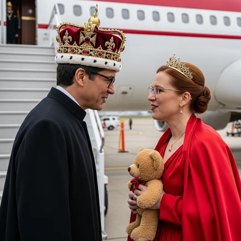 Middle-Aged Royal Figure and Public Figure Share Affectionate Moment at Airport
