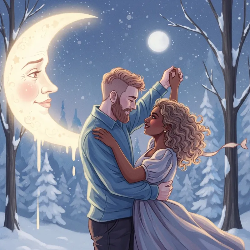 Enchanting Moonlit Dance: Surrealist Love in Snowy Forest