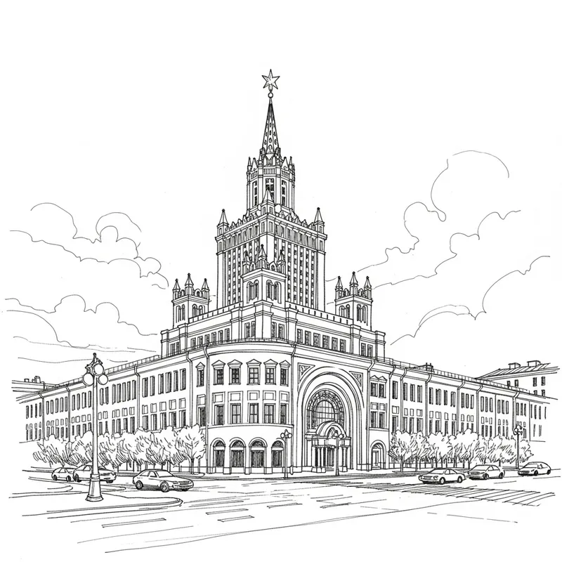 Urban Sketch: Magnificent Gostiny Dvor Building in Moscow
