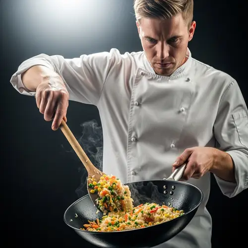 Expert Chef Sautéing Colorful Fried Rice with Vegetables