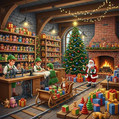 Enchanting Toy Manufacturing Workshop with Santa Claus and Elves