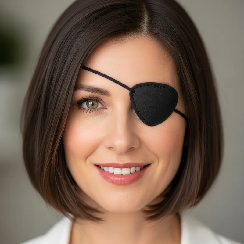 Caucasian Woman Smiling with Eyepatch and Bob Haircut Caucasian Woman Smiling with Eyepatch and Bob Haircut