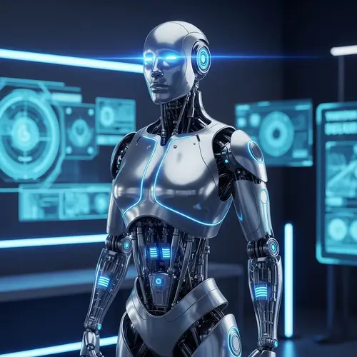 Futuristic Robot Design: Sleek Silver Robot with Glowing Blue Lights