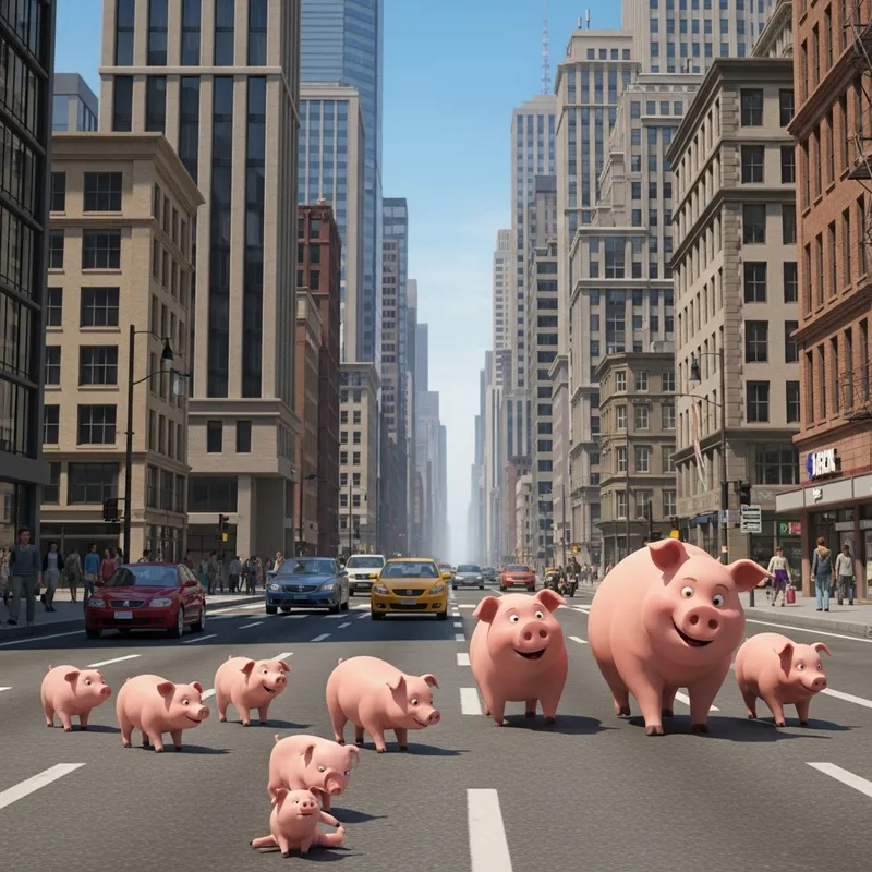 Adorable Cityscape with Playful Pink Piglets | Urban Adventure Adorable Cityscape with Playful Pink Piglets | Urban Adventure