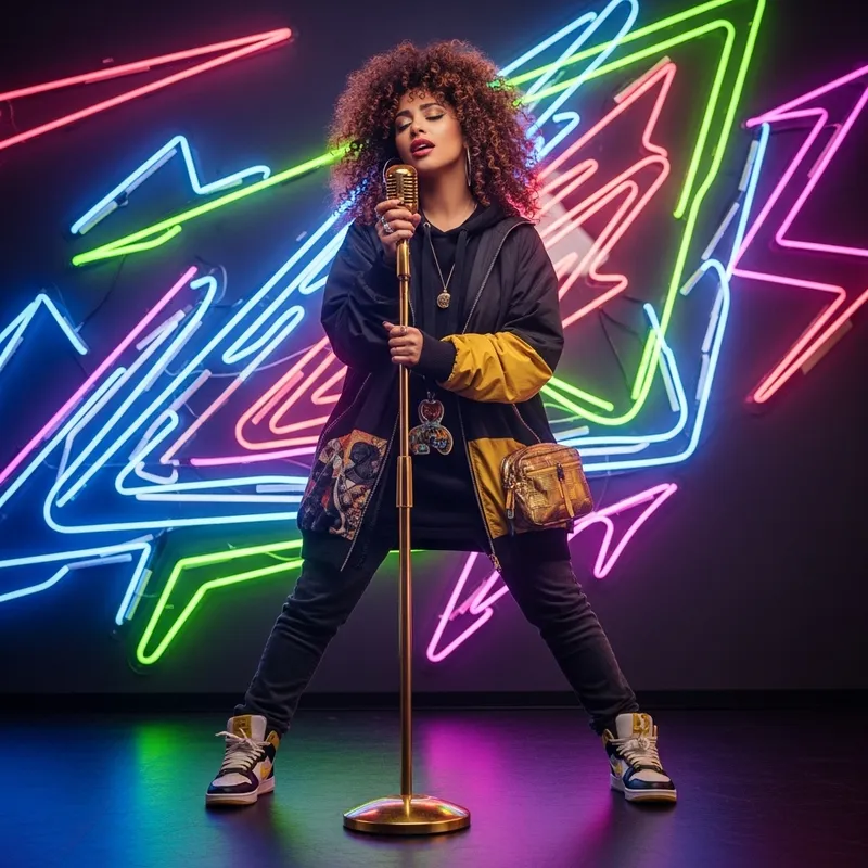 Doja Cat - Bold Pop Star in Fashionable Streetwear | Curly Hair & Neon Sign Aura