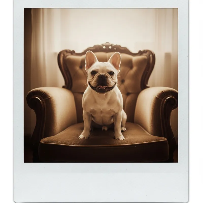 Cute French Bulldog on Vintage Armchair - Retro Polaroid Pet Photography