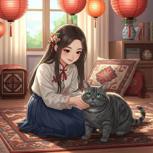Chinese Girl Playing with American Shorthair Cat