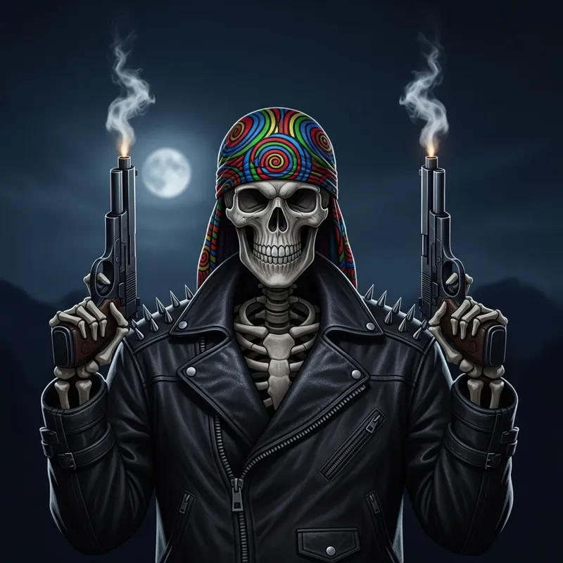 Badass Skeleton: Do-Rag, Jacket, and Smoking Guns