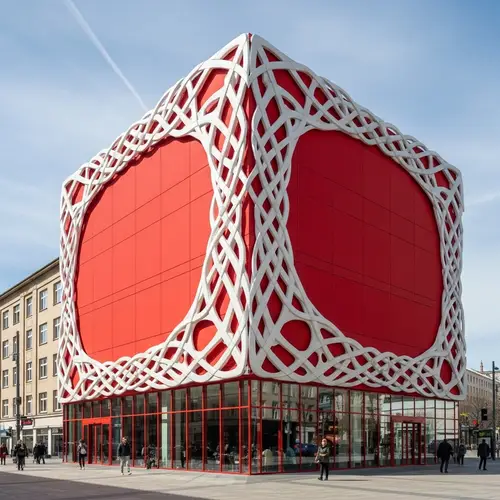 Red Cube Building with Parametric Color Details | Large Windows