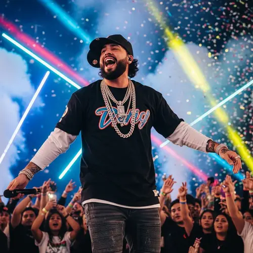 Passionate Male Reggaeton Artist on Stage | Trendy Urban Fashion