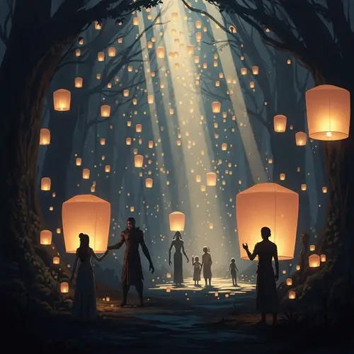 Enchanting Mystical Forest with Floating Lanterns
