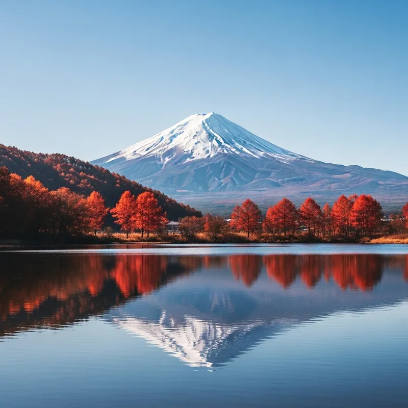 Fujiyama Volcano Serene Landscape with Red Trees and Lake, Realism 8K