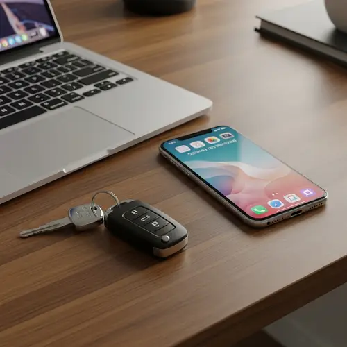 Modern Laptop, Smartphone, Car Keys on Wooden Table