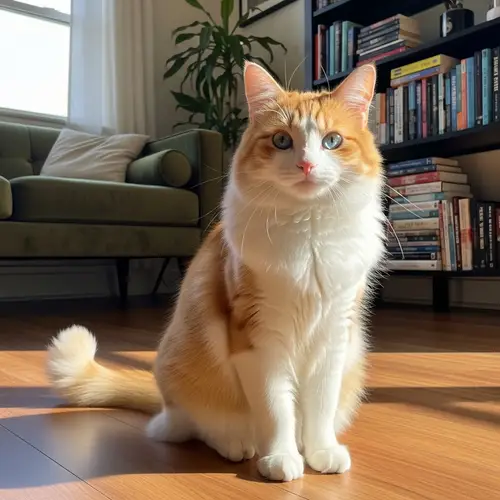 Fluffy Pet Cat with Orange and White Fur | Bright Blue Eyes