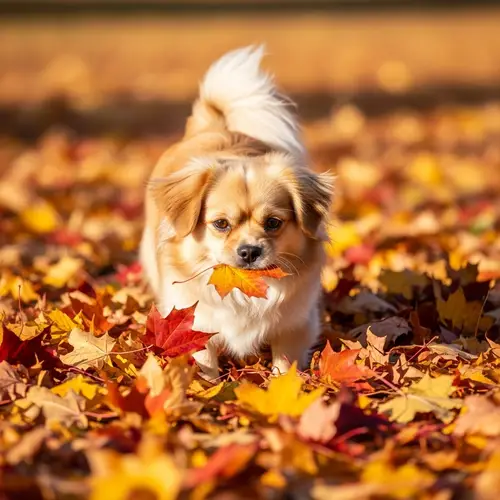 Cute Tibetan Spaniel Playing in Autumn Leaves - Joyful Scene