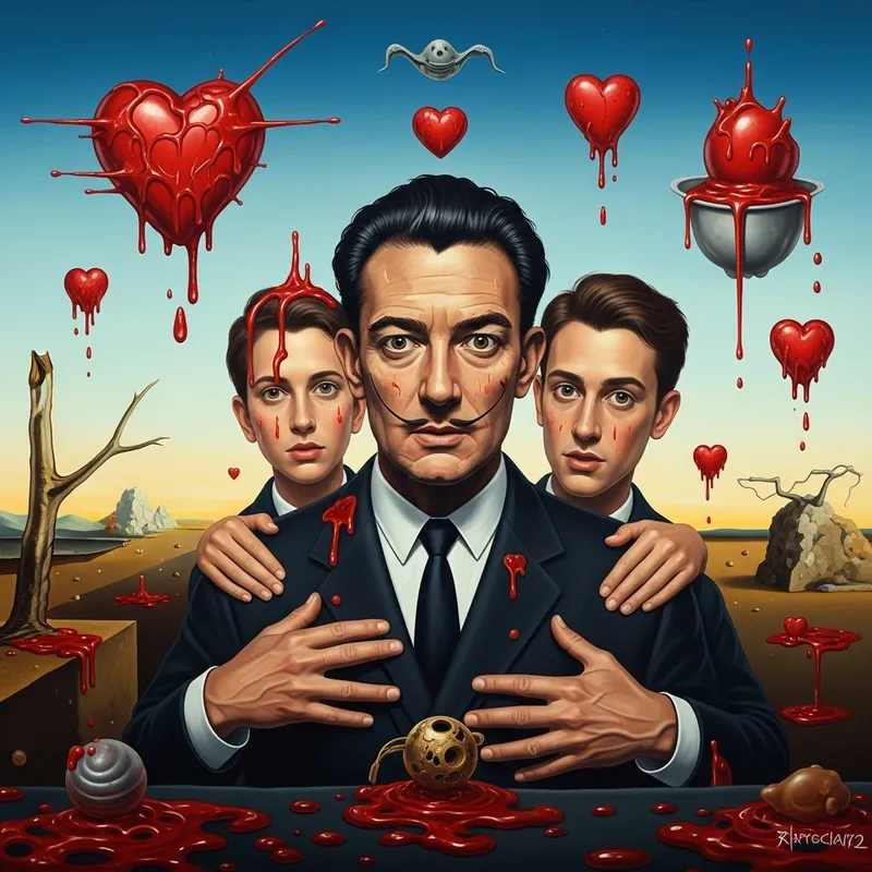 Surreal Portrait of a Multifaceted Man with Melting Hearts