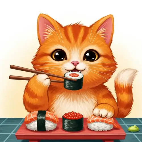 Playful Cartoon Cat Eating Sushi Illustration