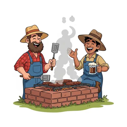 Cartoon Hillbillies Grilling Meat on Brick BBQ - Fun Moment