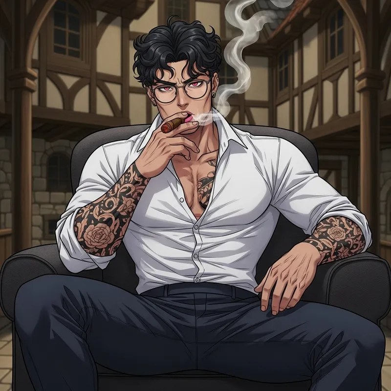 Muscular Man with Curly Black Hair and Piercing Gaze Smoking in Mansion Muscular Man with Curly Black Hair and Piercing Gaze Smoking in Mansion