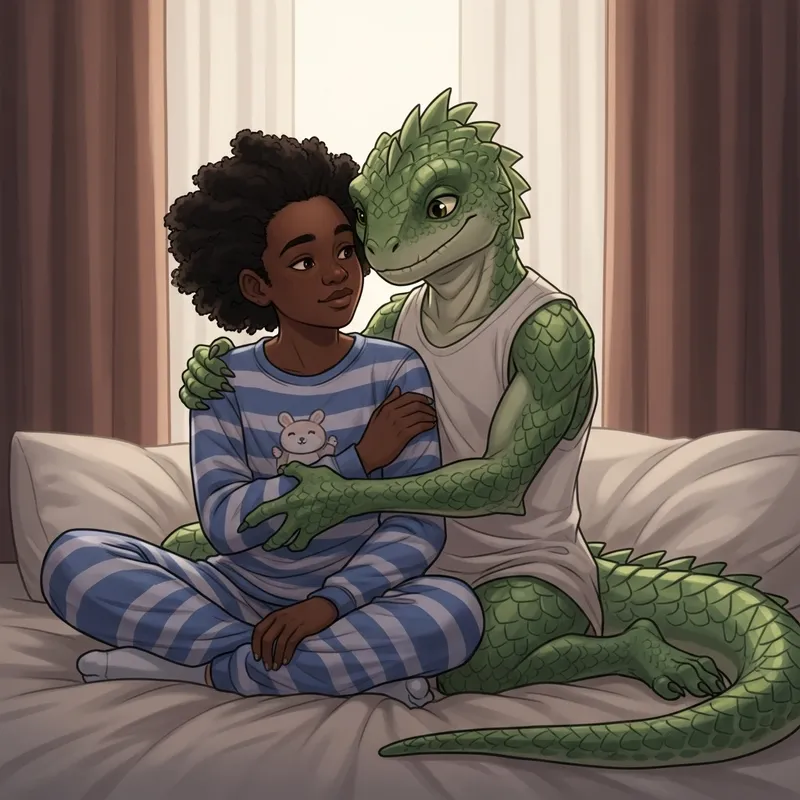 Black Girl and Reptilian Being Forming a Serene Bond on Cozy Bed Black Girl and Reptilian Being Forming a Serene Bond on Cozy Bed