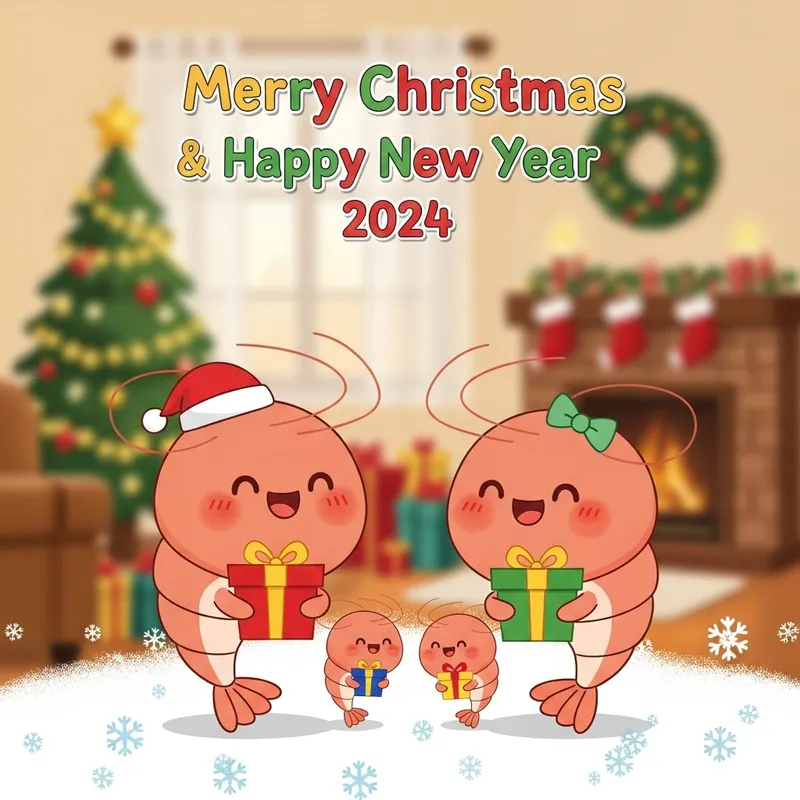 Merry Christmas & Happy New Year 2024 Card with Shrimp Family Gift