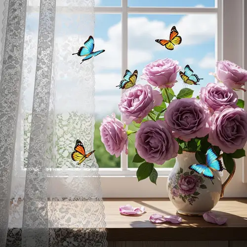 Delicate Purple Roses on Windowsill with Dancing Butterflies