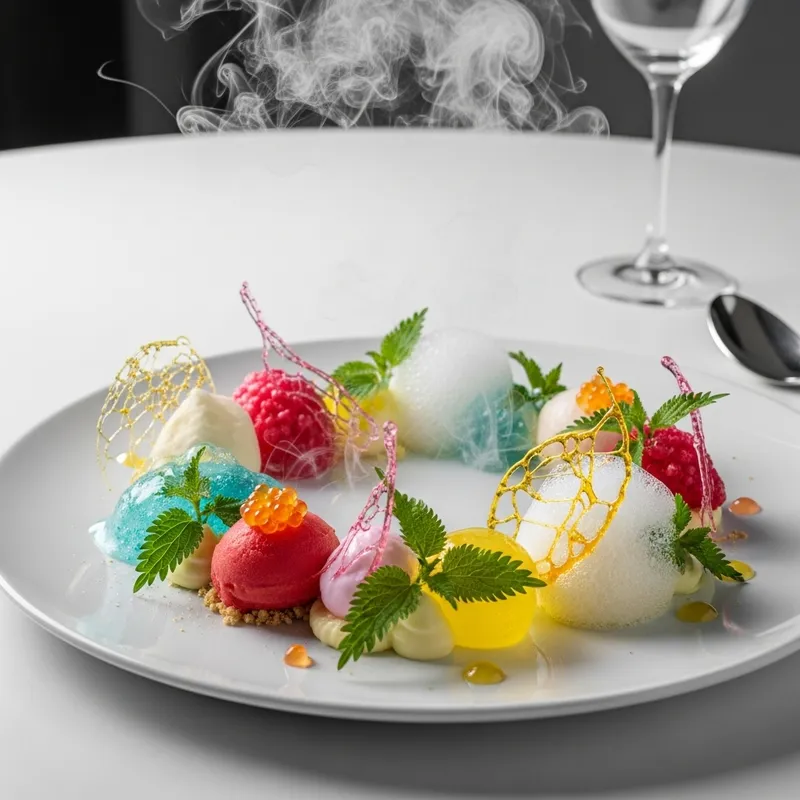Futuristic Dessert Art: Sorbet, Foams, Gels, Nettle Leaves