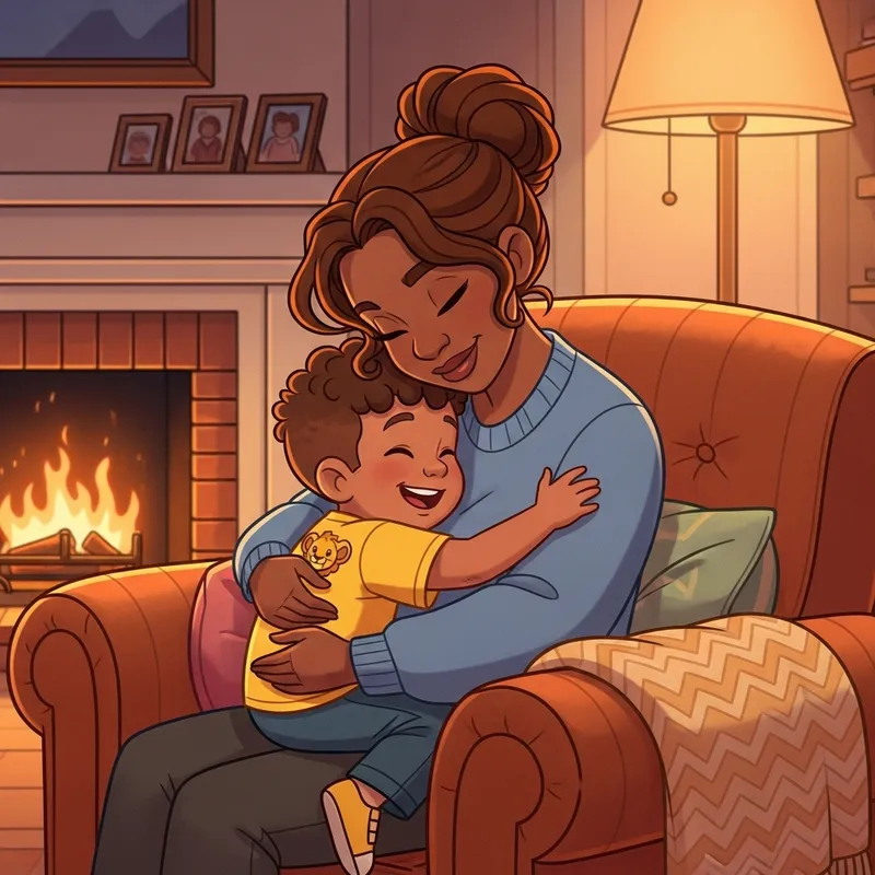 Cartoon Black Mother and Son Hugged - Heartwarming Scene