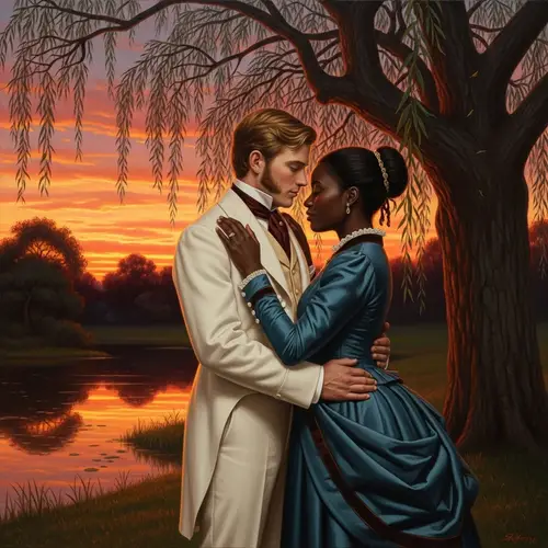 Romantic Art: Man & Woman Embrace in 19th Century Style