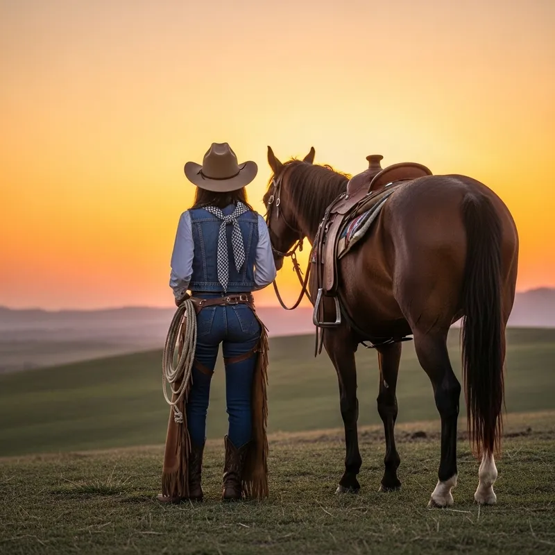 South Asian Cowgirl and Her Horse at Sunset