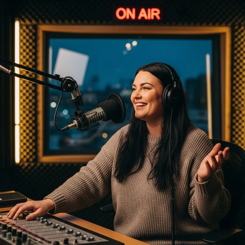 Empowered Woman with Long Black Hair Hosting Radio Show