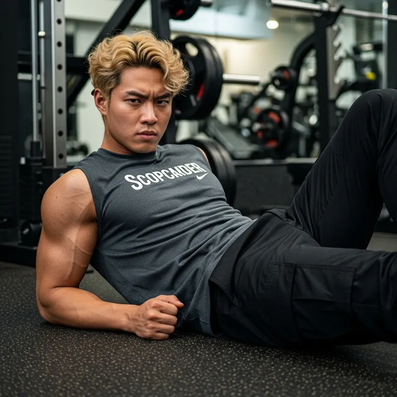 Korean Man with Blonde Curly Hair in Gym | Intense Look