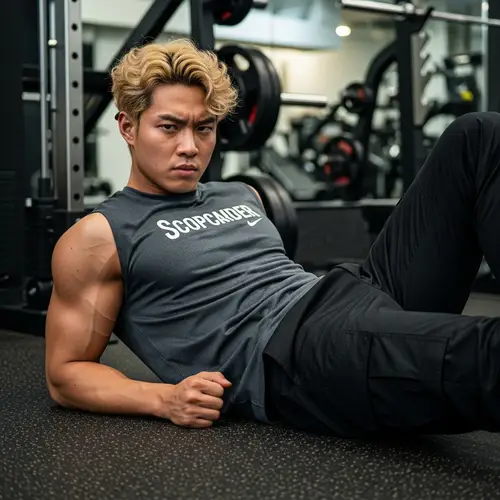 Blonde Curly-Haired Korean Man in Gym | Intense Concentration