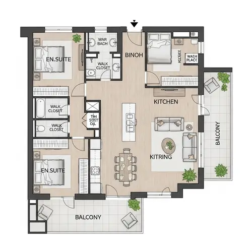 Architecturally Accurate Two-Bedroom Apartment Floor Plan