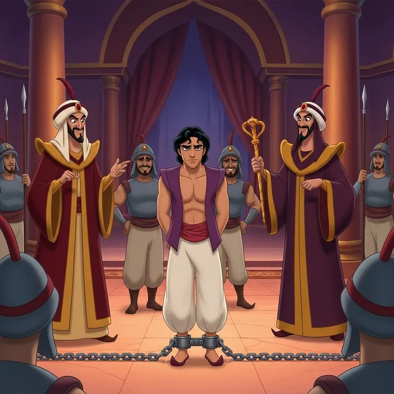 Aladdin Captured: Prince Chained and Watched by Jafar