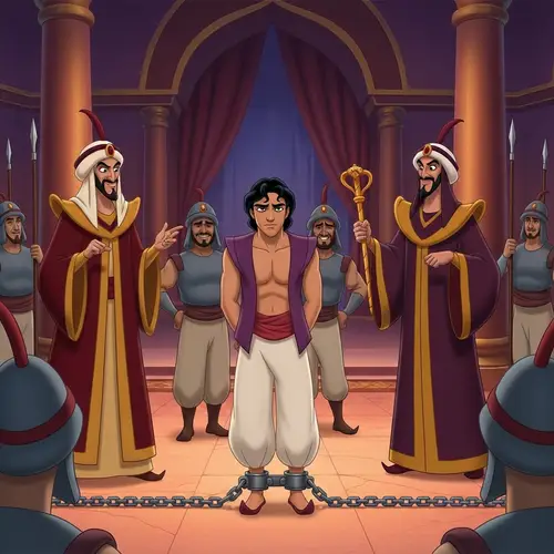 Aladdin Captured: Prince Chained and Watched by Jafar