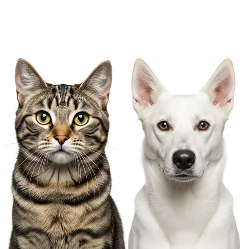 Realistic Image of Cat and White Dog Making Eye Contact