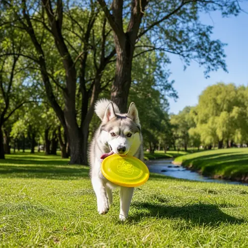 Playful Husky Dog Chasing a Frisbee in the Park