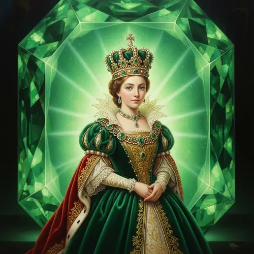 Intricate Oil Painting of Young Female Monarch in a Glowing Emerald