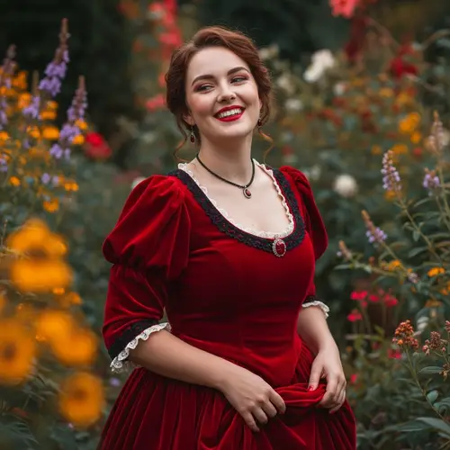 Beautiful Victorian Woman in Red Velvet Dress | Joyful Portrait