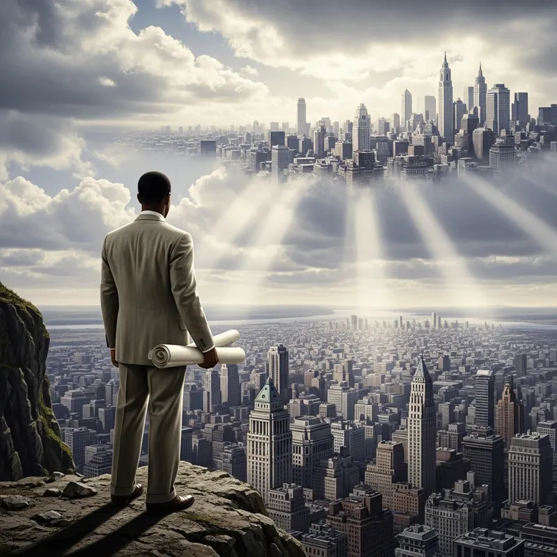The Fountainhead: Dark-Skinned Architect Overlooking Expansive City
