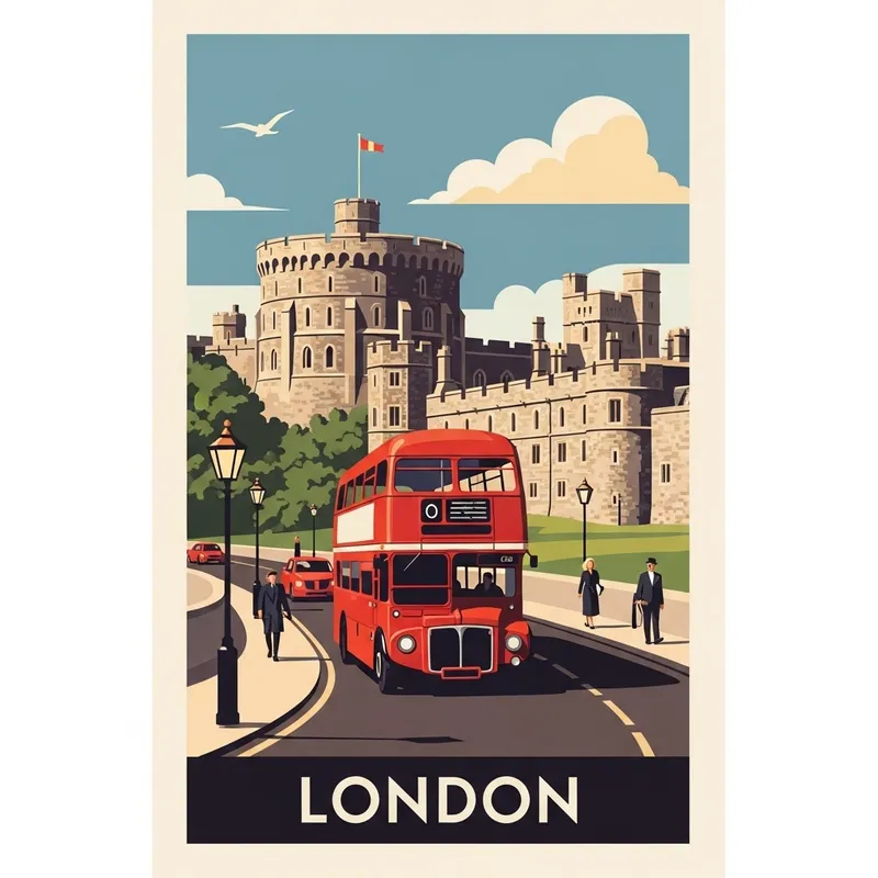 London Routemaster Bus by Windsor Castle in Mid 20th Century Style