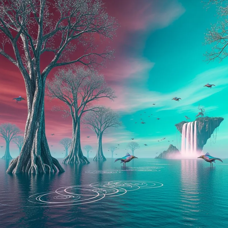 Transcendent Landscape: Glowing Sky, Silver Trees, Waterfall