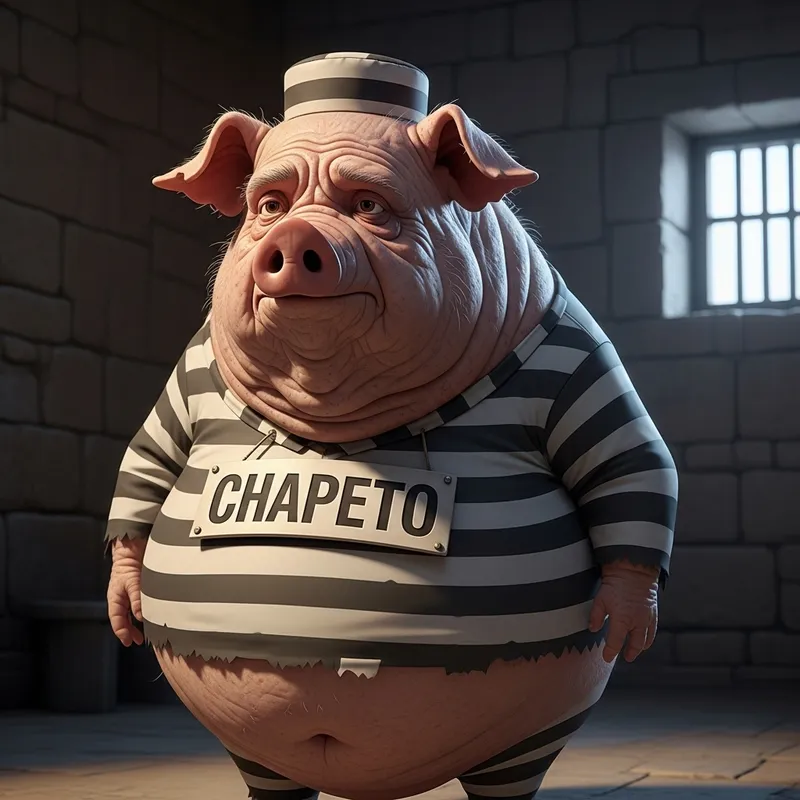 Old and Fat Pig in Prison Suit with 'CHAPETO' Sign