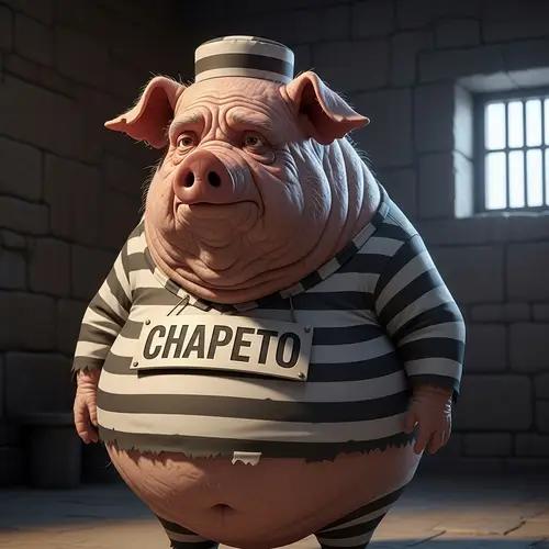 Funny Old Pig in Prison Suit with 'CHAPETO' Sign